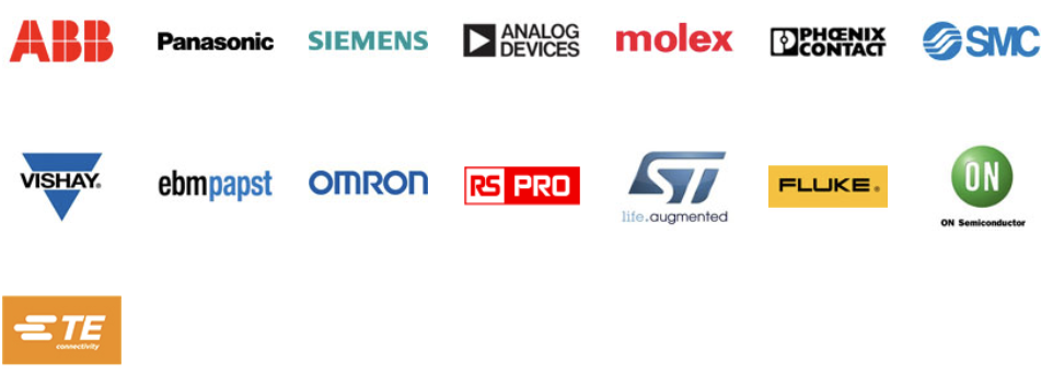 ABB, Panasonic, Siemens, Analog Devices, Molex, Phoenix Contact, SMC, Vishay, ebm-papst, Omron, RS Pro, ST Microelectronics, Fluke, ON Semiconductor, TE Connectivity